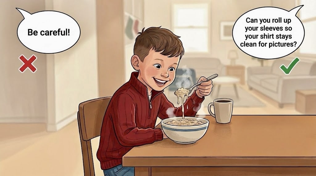 Boy eating cereal happily at breakfast table.