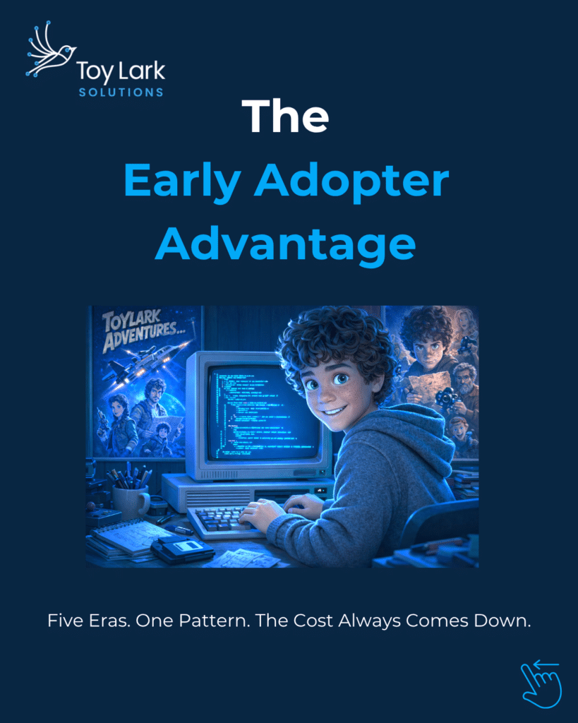 A young boy excitedly using a computer in a cozy, tech-themed room.