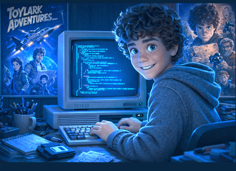 A young boy coding on an old computer with a smile in a retro-themed room.