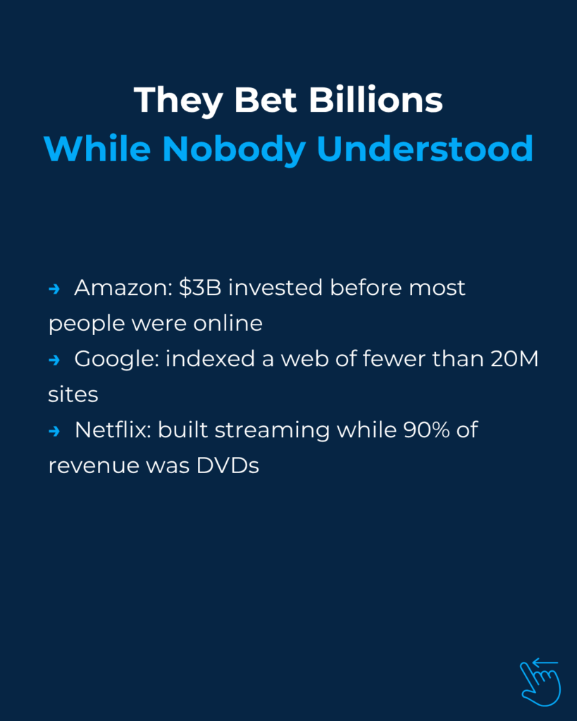 Infographic highlighting billion-dollar investments by Amazon, Google, and Netflix before mainstream understanding.